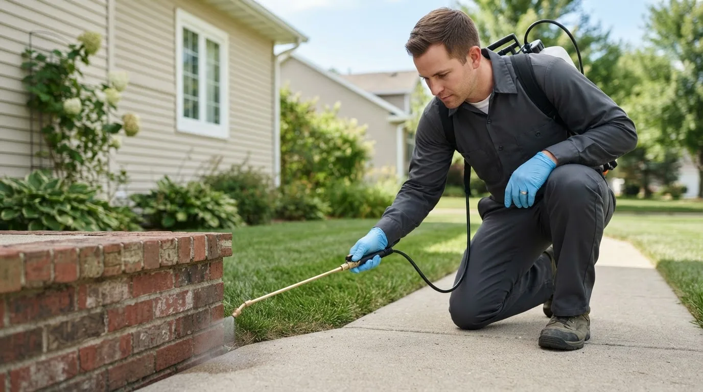 Pest control technician treating a home near Columbia Station, OH
