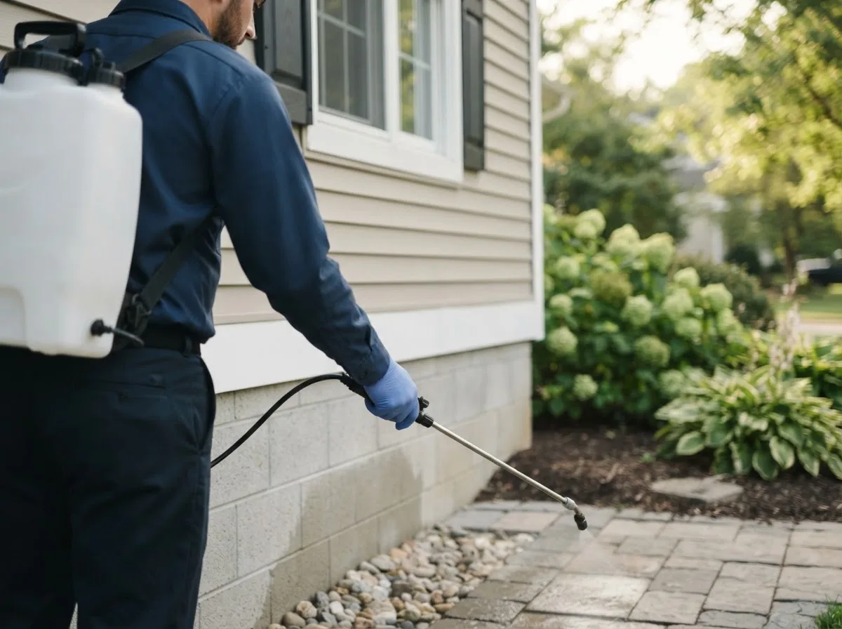 Pest control technician inspecting a home in Columbia Station, OH
